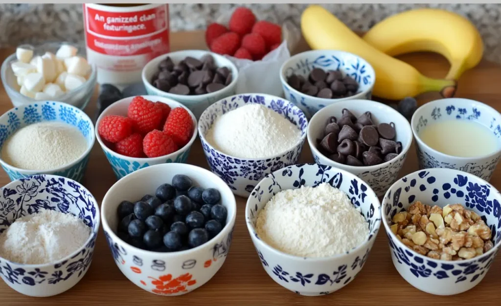 A clean workspace featuring small bowls filled with baking ingredients: flour, sugar, baking powder, baking soda, salt, eggs, buttermilk, melted butter, vanilla extract, and optional add-ins like berries, bananas, chocolate chips, and nuts.