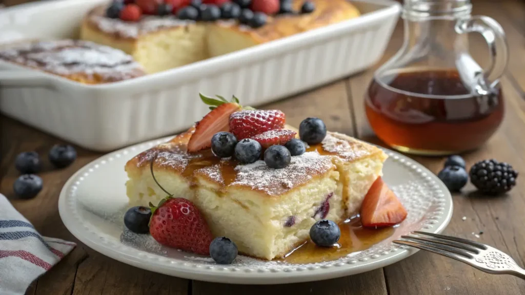 A slice of golden-brown pancake casserole topped with maple syrup, fresh blueberries, and strawberries on a white plate