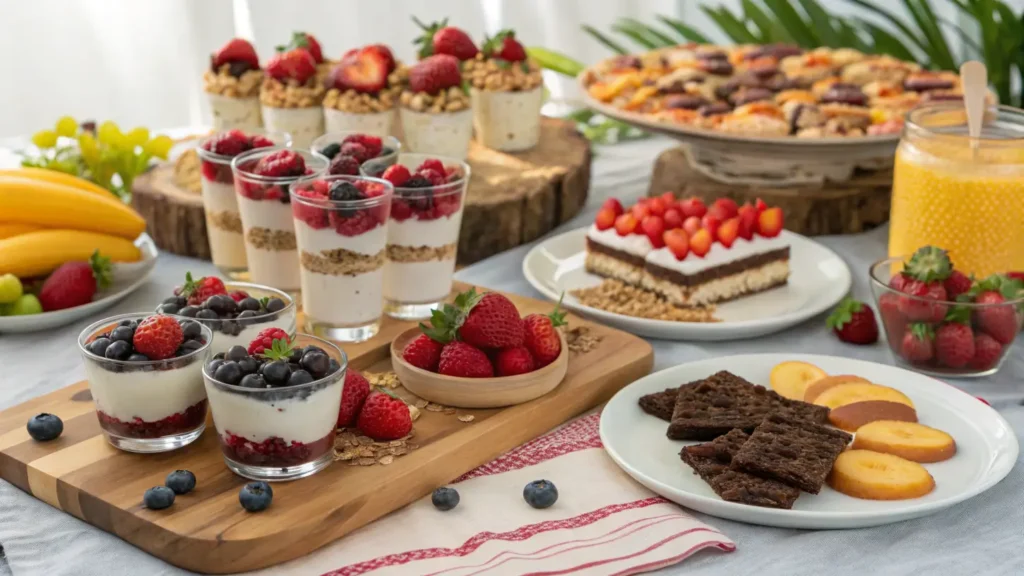 A dessert table showcasing cottage cheese-based treats, including a no-bake cheesecake topped with fresh berries, layered parfaits with granola and fruit, mousse with chocolate shavings, and brownies, surrounded by fresh fruits on a rustic wooden platter