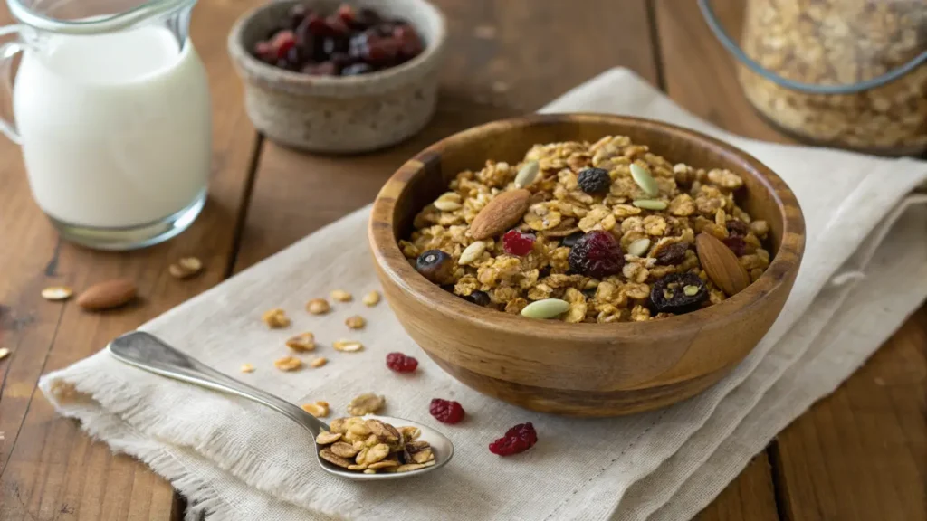 Homemade Granola with oats, nuts, and dried fruits served in a rustic bowl.