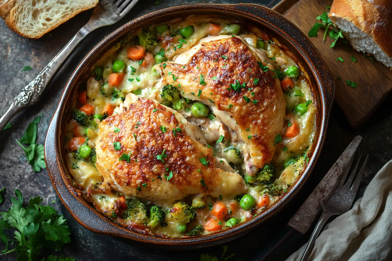 Key components for chicken and vegetable casserole with cheese, breadcrumbs, and vibrant veggies on a kitchen counter