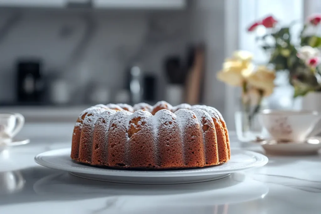 A perfectly baked crazy cake dusted with powdered sugar, sliced to reveal its moist, fluffy chocolate interior on a modern white plate