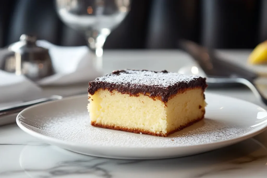 Crazy cake served in a stylish kitchen with powdered sugar topping and neatly cut slices showcasing its rich texture
