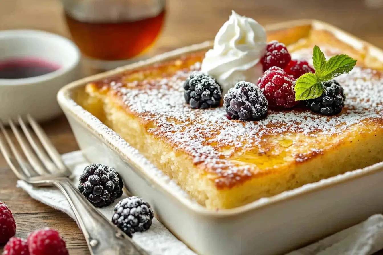 Golden pancake casserole topped with powdered sugar, fresh berries, and whipped cream, served in a ceramic dish with a side of syrup