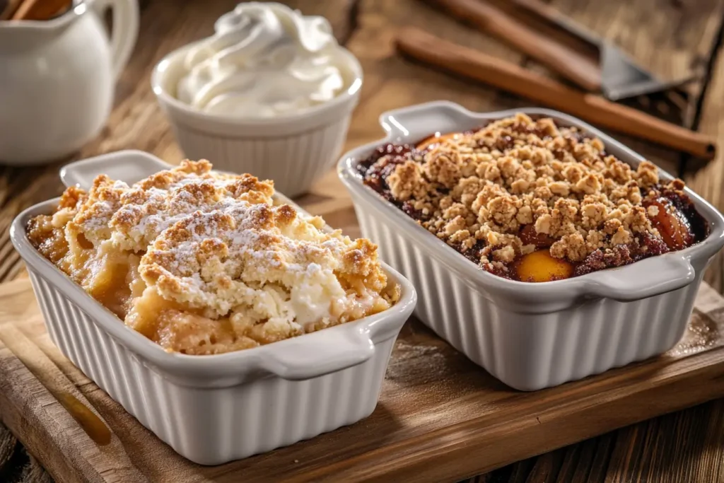 Key ingredients for peach cobbler and crumble, including fresh peaches, sugar, flour, butter, and spices arranged on a kitchen counter