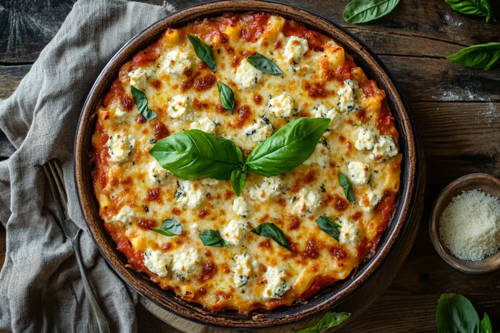 Golden, cheesy baked vegetarian ziti served in a casserole dish with fresh basil garnish.