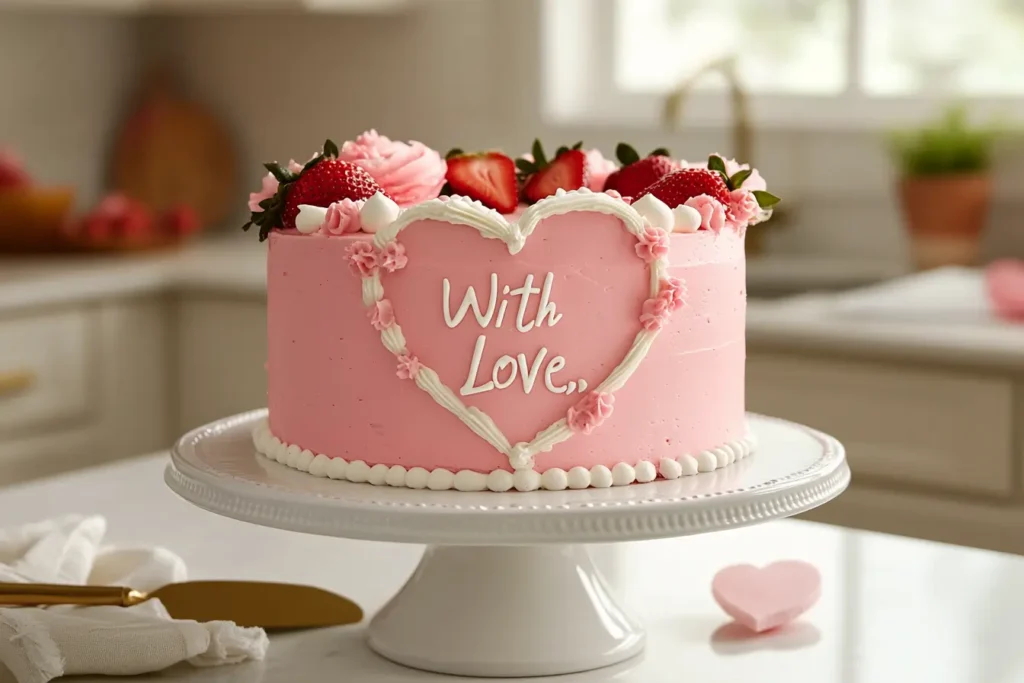A beautifully decorated heart cake with pink frosting and elegant white piping.