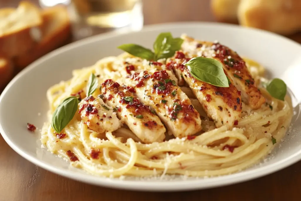 A close-up of creamy Marry Me Chicken Pasta topped with golden chicken slices, vibrant basil leaves, and Parmesan, paired with garlic bread and a glass of white wine