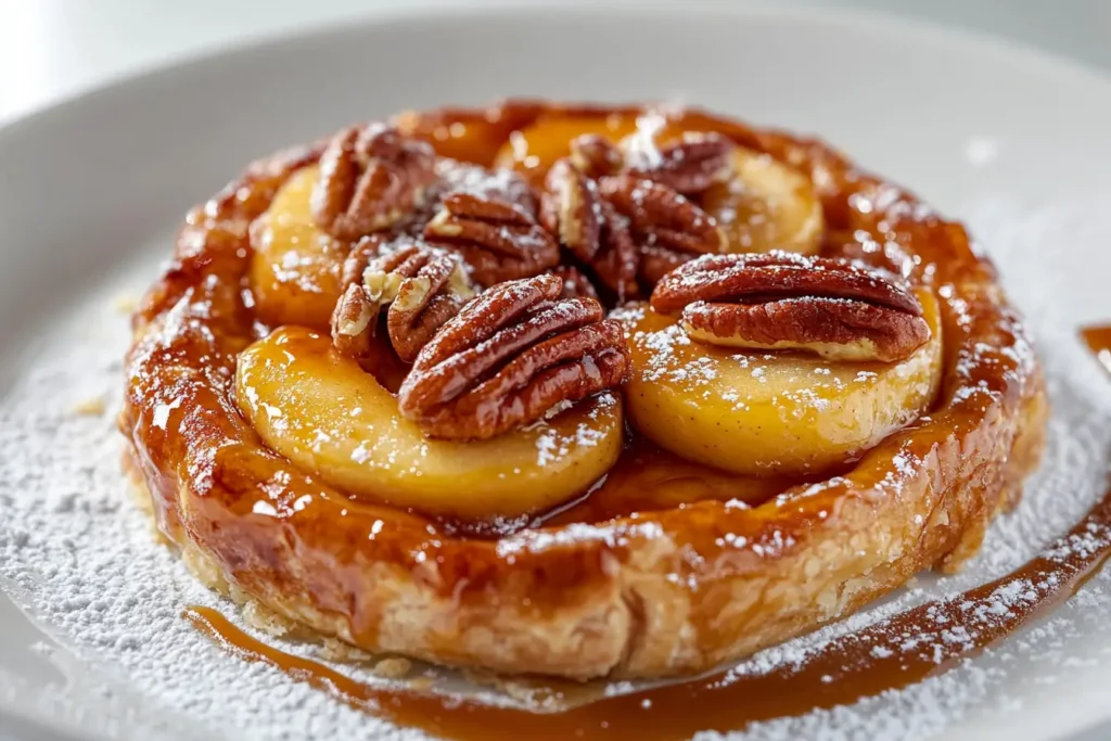 A golden apple and pecan Danish pastry tart on a ceramic platter, topped with caramelized apples, pecans, and a drizzle of caramel sauce.