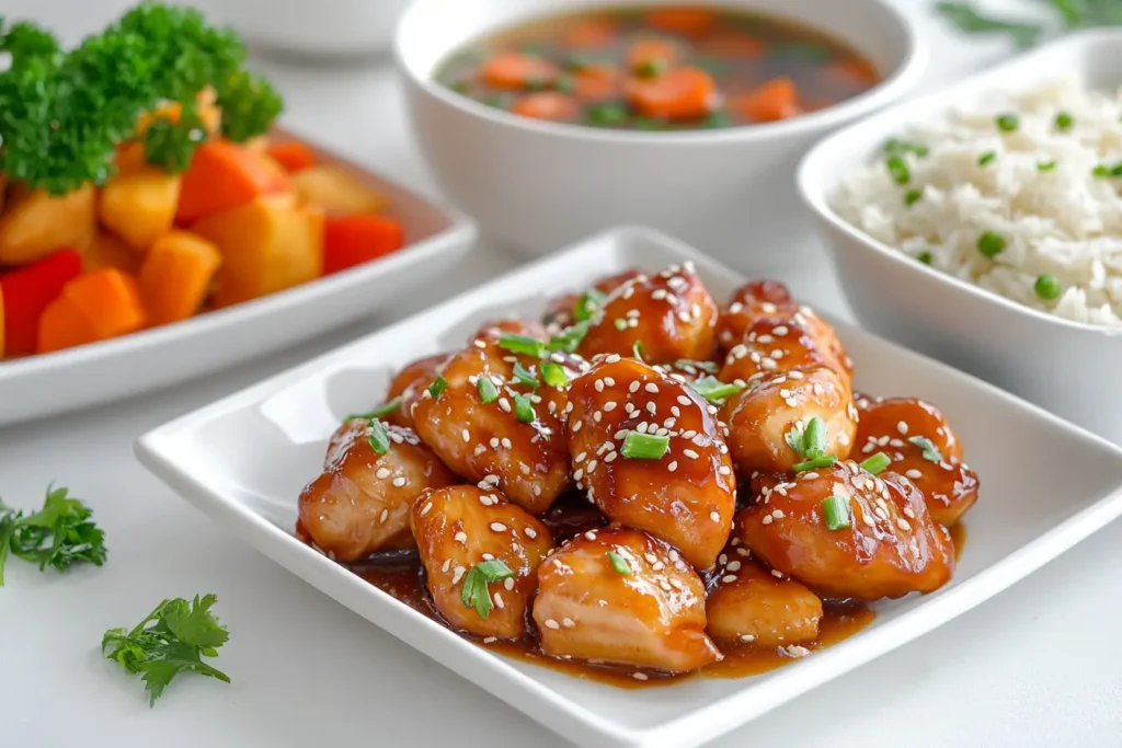 Glazed chicken bites garnished with sesame seeds and green onions, served with steamed white rice, a bowl of vegetable soup, and a side of roasted carrots and broccoli for a balanced meal