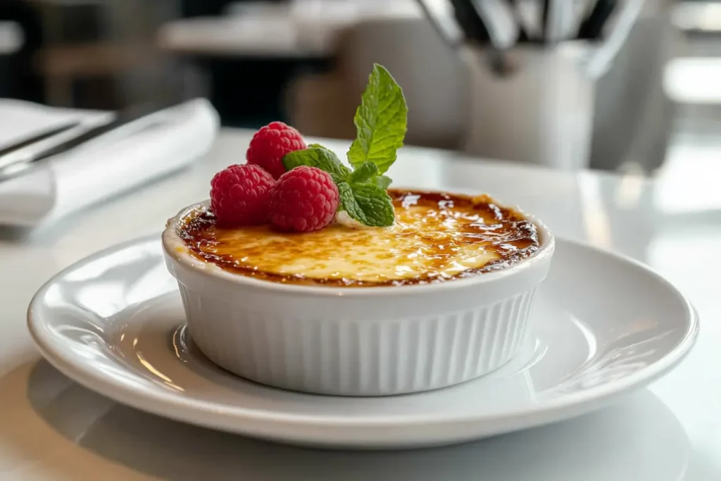 A freshly made crème brûlée with a perfectly caramelized sugar crust and a spoon breaking through the surface.