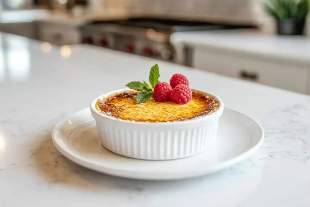 Golden crab custard topped with crab meat in a white ramekin.
