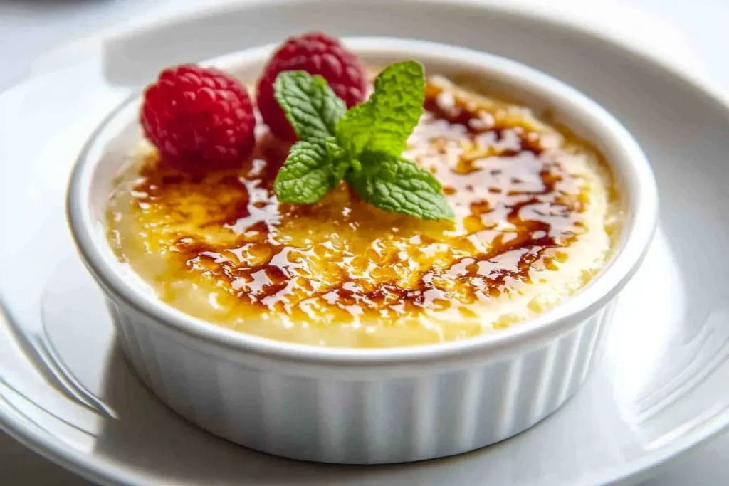 What Does Crème Brûlée Taste Like? A caramelized sugar crust tops creamy custard, garnished with raspberries and mint.