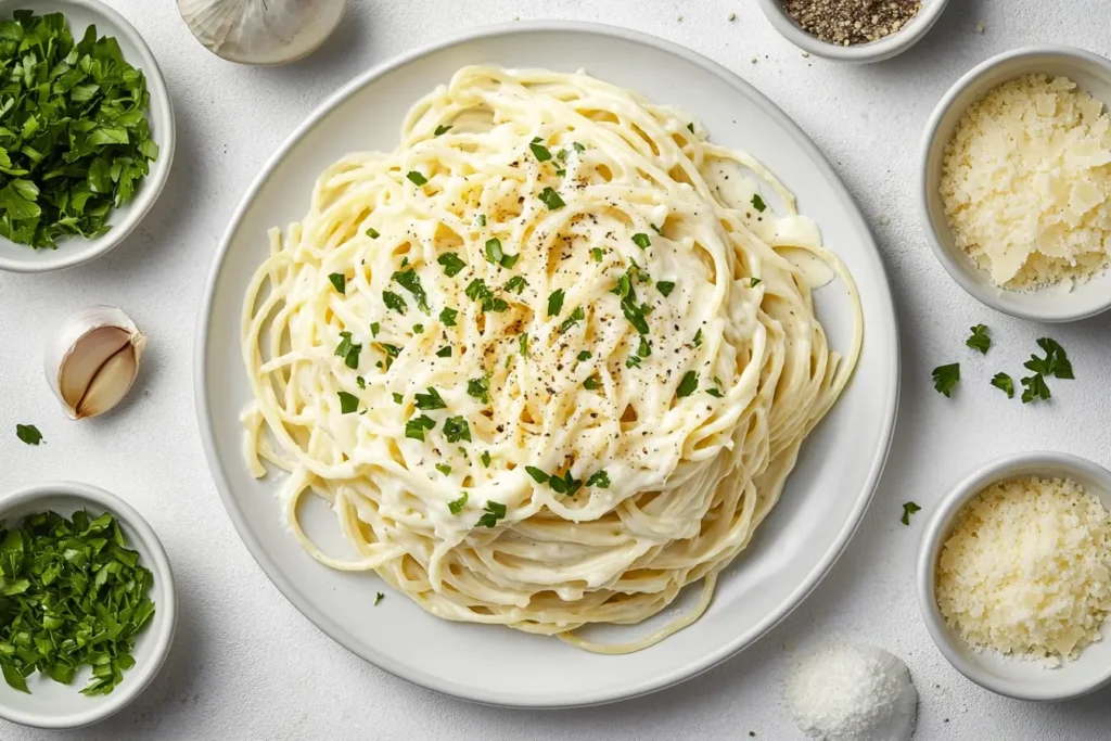 Rich and creamy Alfredo spaghetti topped with freshly grated Parmesan and garnished with parsley, served on a pristine white plate