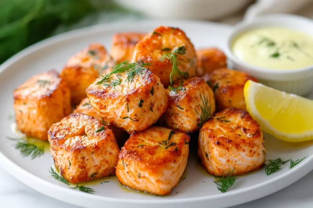 Golden, perfectly seared salmon bites garnished with fresh herbs and served with lemon wedges and dipping sauce on a white plate