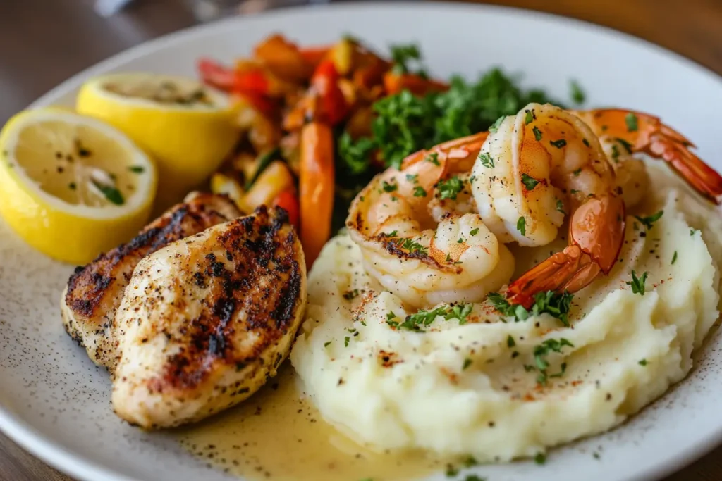 Plated dish featuring garlic butter shrimp with parsley and lemon alongside paprika-seasoned chicken breast and sides