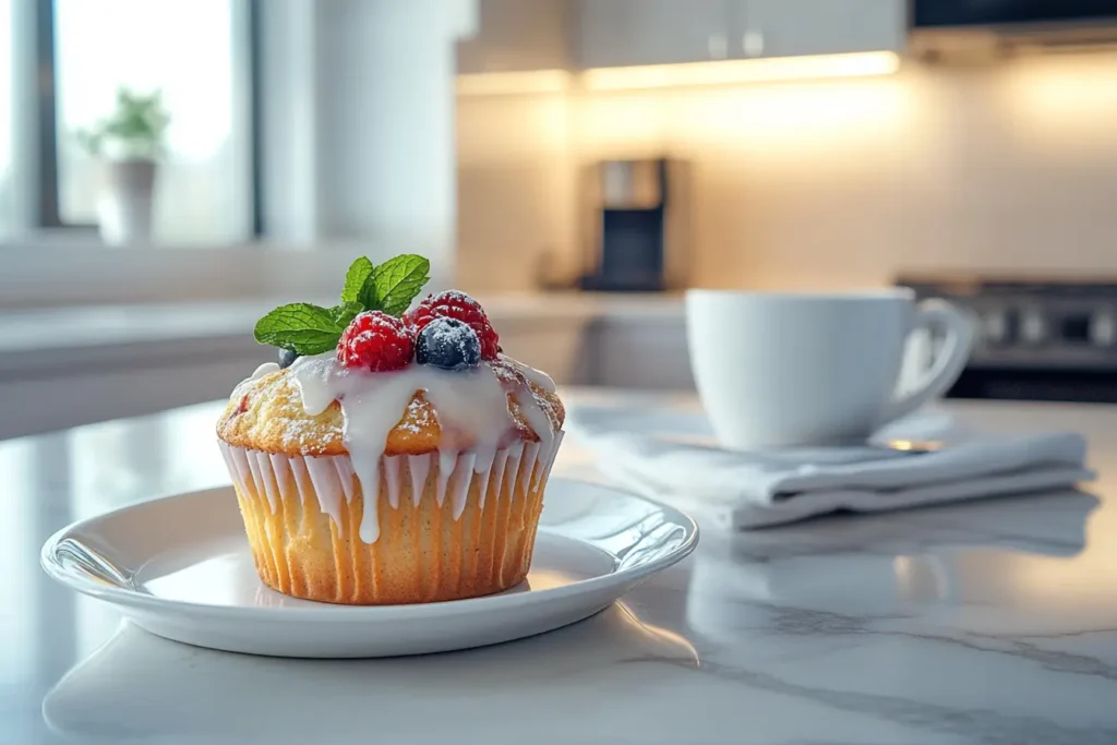 Golden-brown muffins elegantly plated on a white dish in a sleek modern kitchen setting."