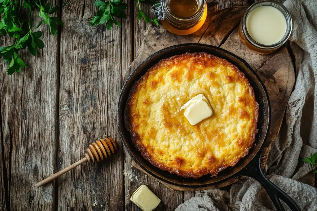 Southern-style cornbread in a cast-iron skillet with a golden crust, served with butter and honey