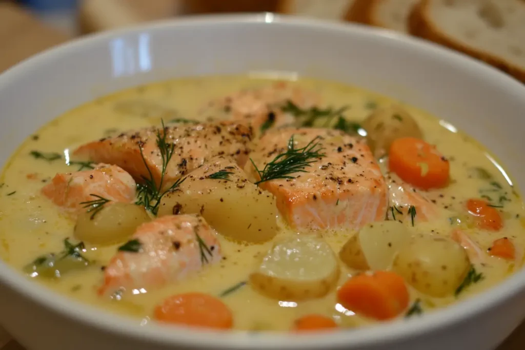 A bowl of creamy salmon soup with chunks of fresh salmon, potatoes, carrots, and leeks, garnished with dill and served with crusty bread