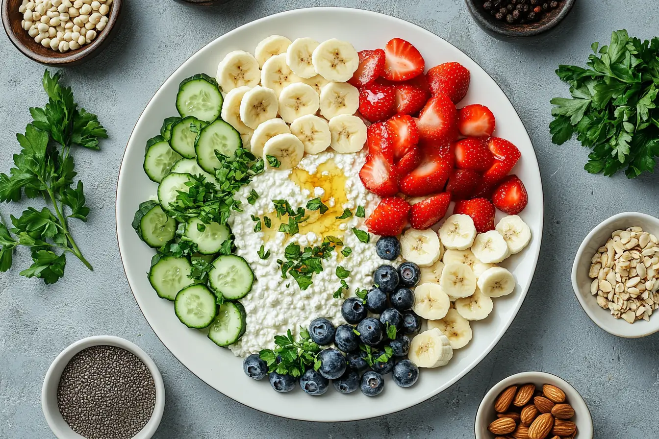 A bowl of cottage cheese topped with fresh fruits like strawberries, blueberries, and bananas, highlighting what is good to mix in with cottage cheese.