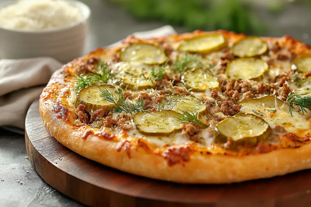Golden-brown pickle pie pizza topped with melted mozzarella, sliced dill pickles, and crumbled ground beef, garnished with fresh dill on a rustic wooden board