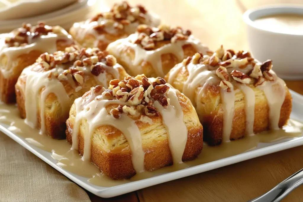 A clean, organized kitchen workspace featuring neatly arranged ingredients for banana bread cinnamon rolls in small bowls
