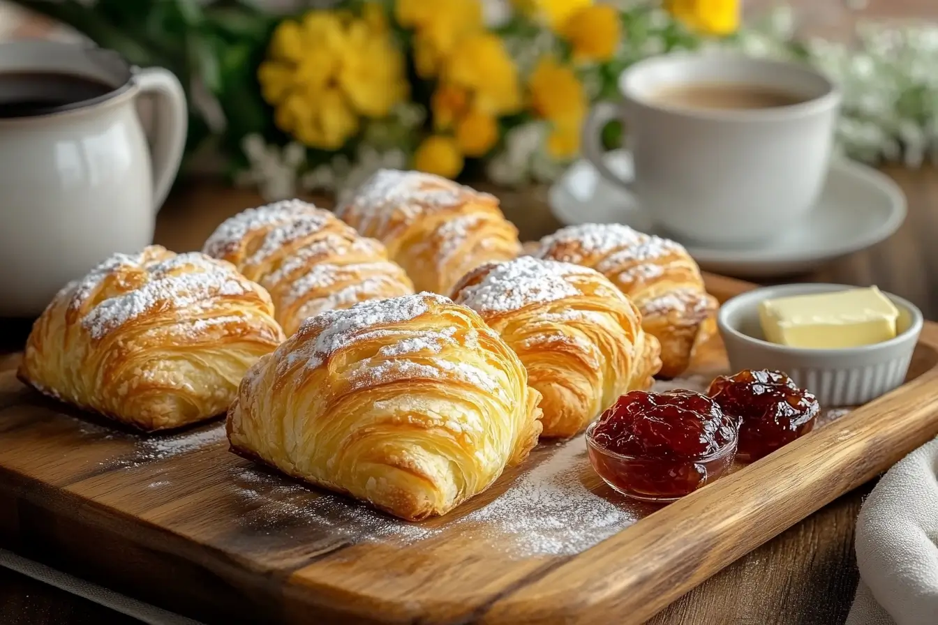 Freshly baked golden brown gipfeli on a wooden serving board with powdered sugar, preserves, butter, and a cup of espresso in a modern kitchen setting