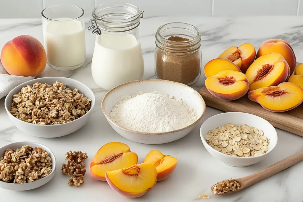 Essential components for making peach cobbler and crumble, featuring oats, nuts, and cinnamon alongside fresh peaches