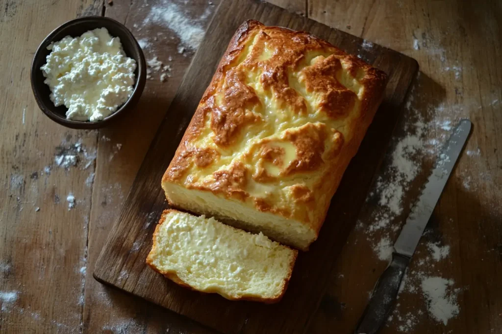 Cottage cheese bread recipe: Soft, savory, and easy to make, featuring a golden crust and fluffy interior, served with a bowl of fresh cottage cheese