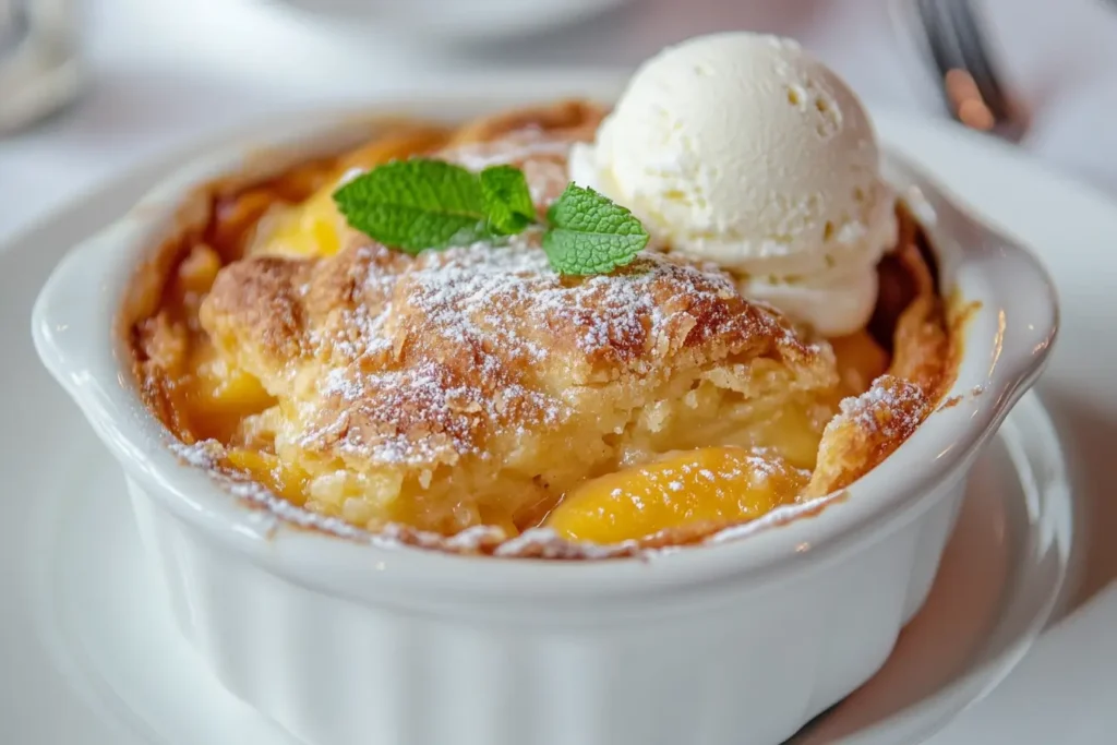 What is Peach Cobbler Made Of? A delicious dessert with juicy peaches, a golden-brown topping, and a scoop of vanilla ice cream on the side.