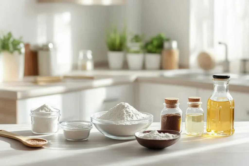 Ingredients for crazy cake, including flour, cocoa powder, sugar, baking soda, oil, vinegar, water, and vanilla extract, arranged on a modern kitchen counter.