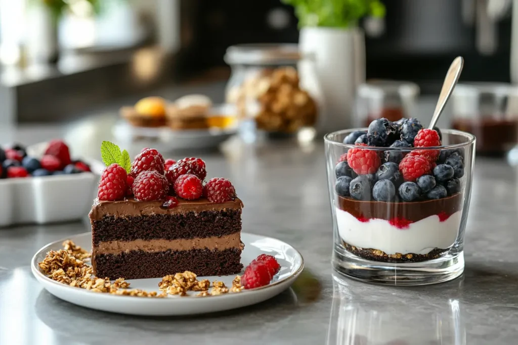 A close-up of a meticulously styled low sugar dessert plated in a sleek, modern kitchen. The dessert features fresh berries and a creamy mousse, presented with an elegant touch in a clean and organized space