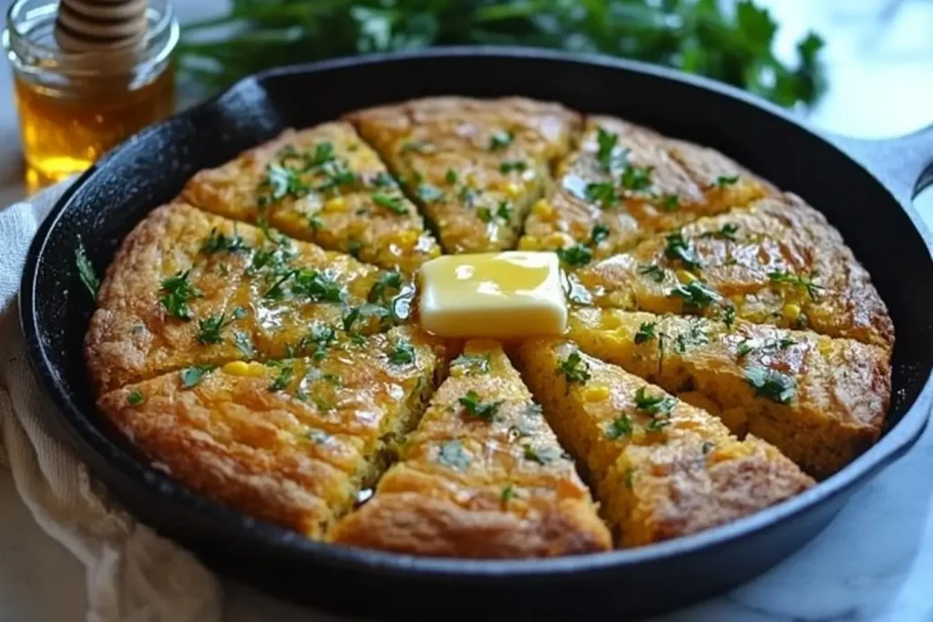 A golden Southern cornbread served in a cast-iron skillet, sliced into wedges with a pat of butter melting on top, surrounded by a rustic kitchen setup.
