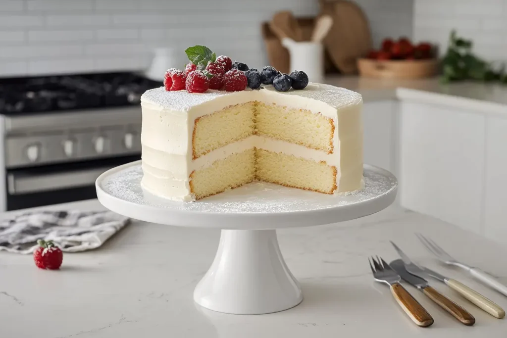 A beautifully frosted cake on a white stand, garnished with powdered sugar and fresh berries, with slices revealing a moist interior.