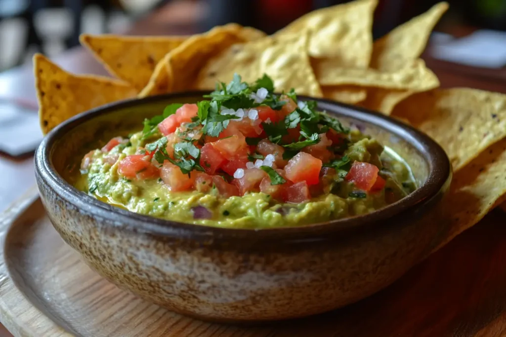 Homemade guacamole garnished with fresh tomatoes and herbs, served with golden tortilla chips on a wooden platter.
