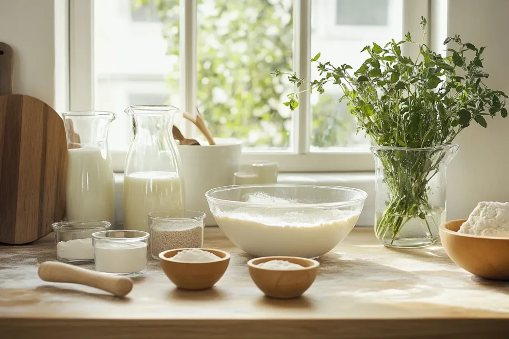 A modern kitchen workspace with neatly arranged ingredients for a traditional gipfeli recipe, featuring small clear bowls of flour, sugar, salt, and yeast, alongside butter, milk, and a whisk, ready for baking