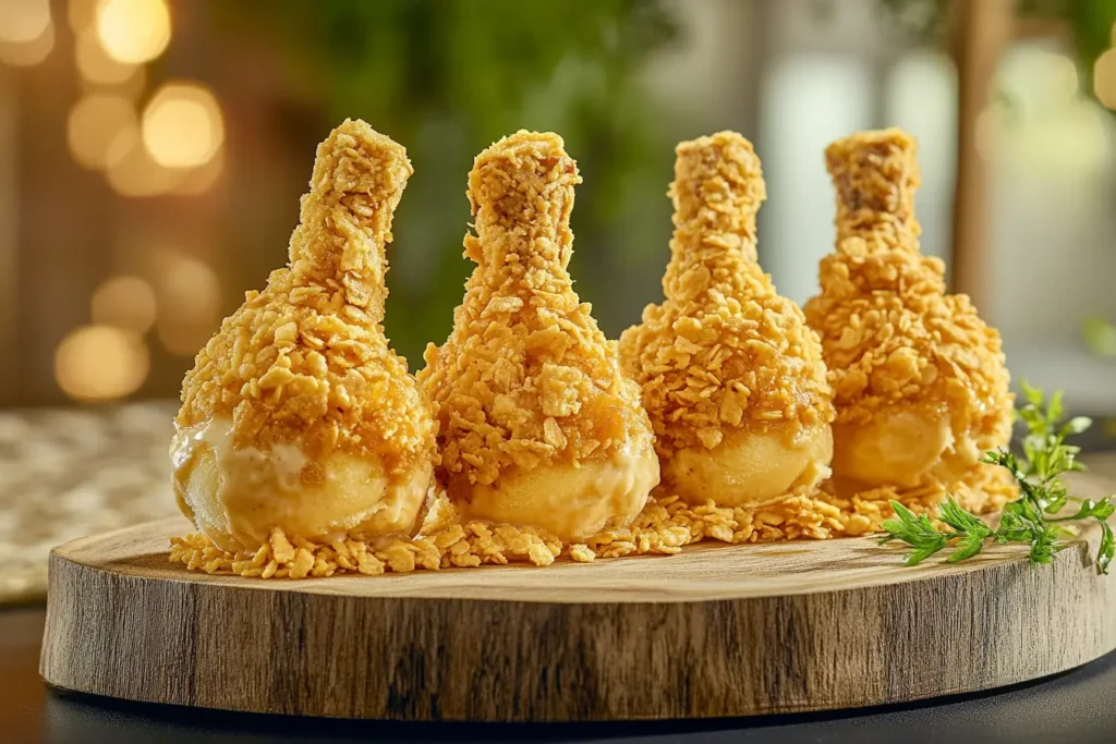 Fried chicken ice cream styled as crispy drumsticks with a golden cornflake coating served on a rustic wooden platter
