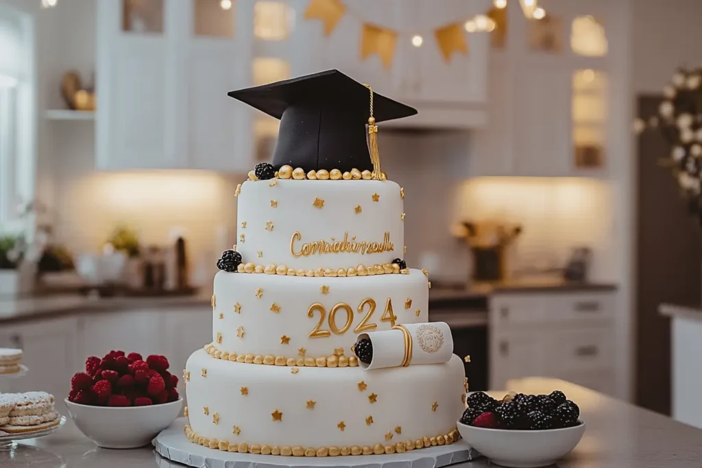 A beautifully decorated two-tiered graduation cake featuring gold accents, a black fondant cap, and a diploma, surrounded by celebratory decorations in a modern kitchen.