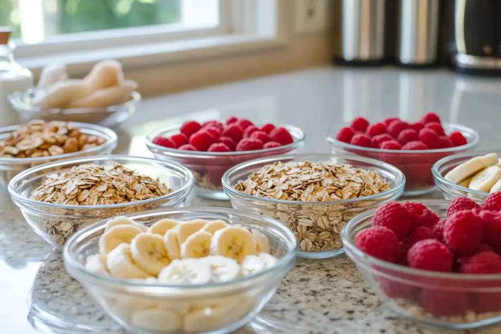 A close-up of a granola parfait featuring fresh raspberries, banana slices, and crunchy granola layers in a clear glass dish