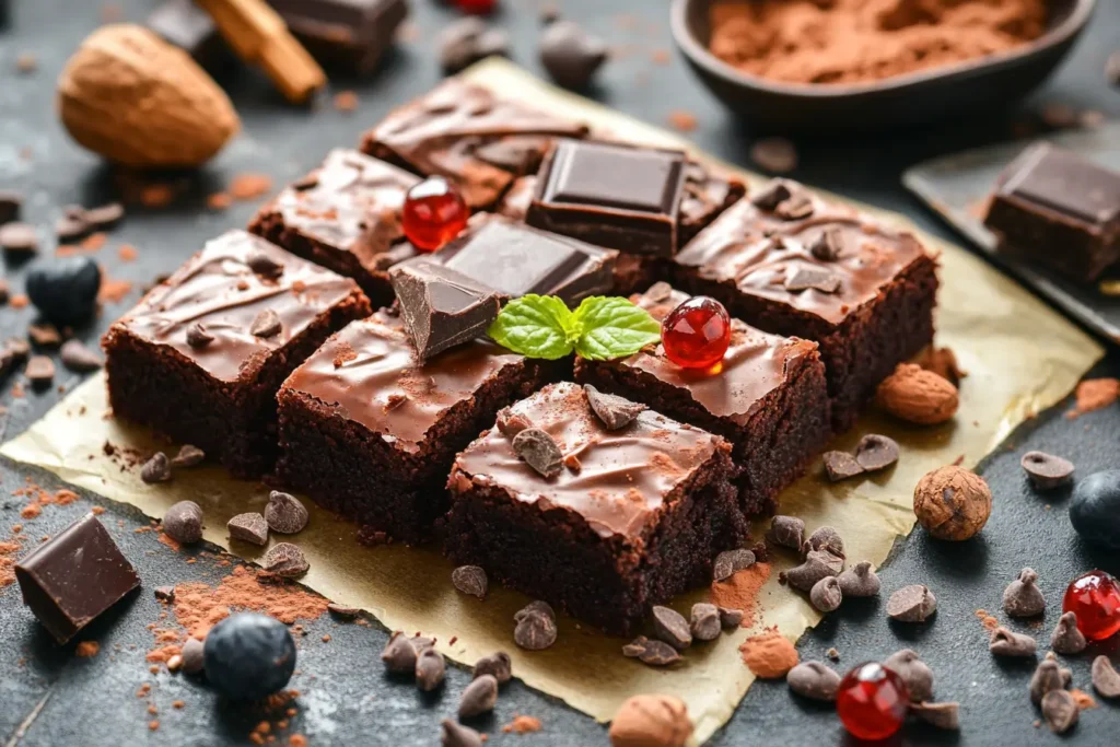 Ingredients for hash brownies, including cannabis-infused butter, cocoa powder, sugar, flour, eggs, and vanilla extract, neatly arranged on a rustic wooden countertop with warm natural lighting