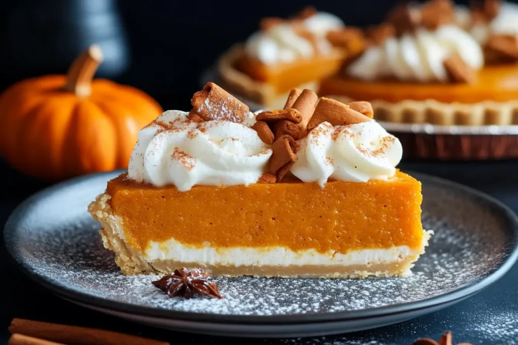 Close-up of the Milk Bar pumpkin pie showcasing its caramel and ganache layers.