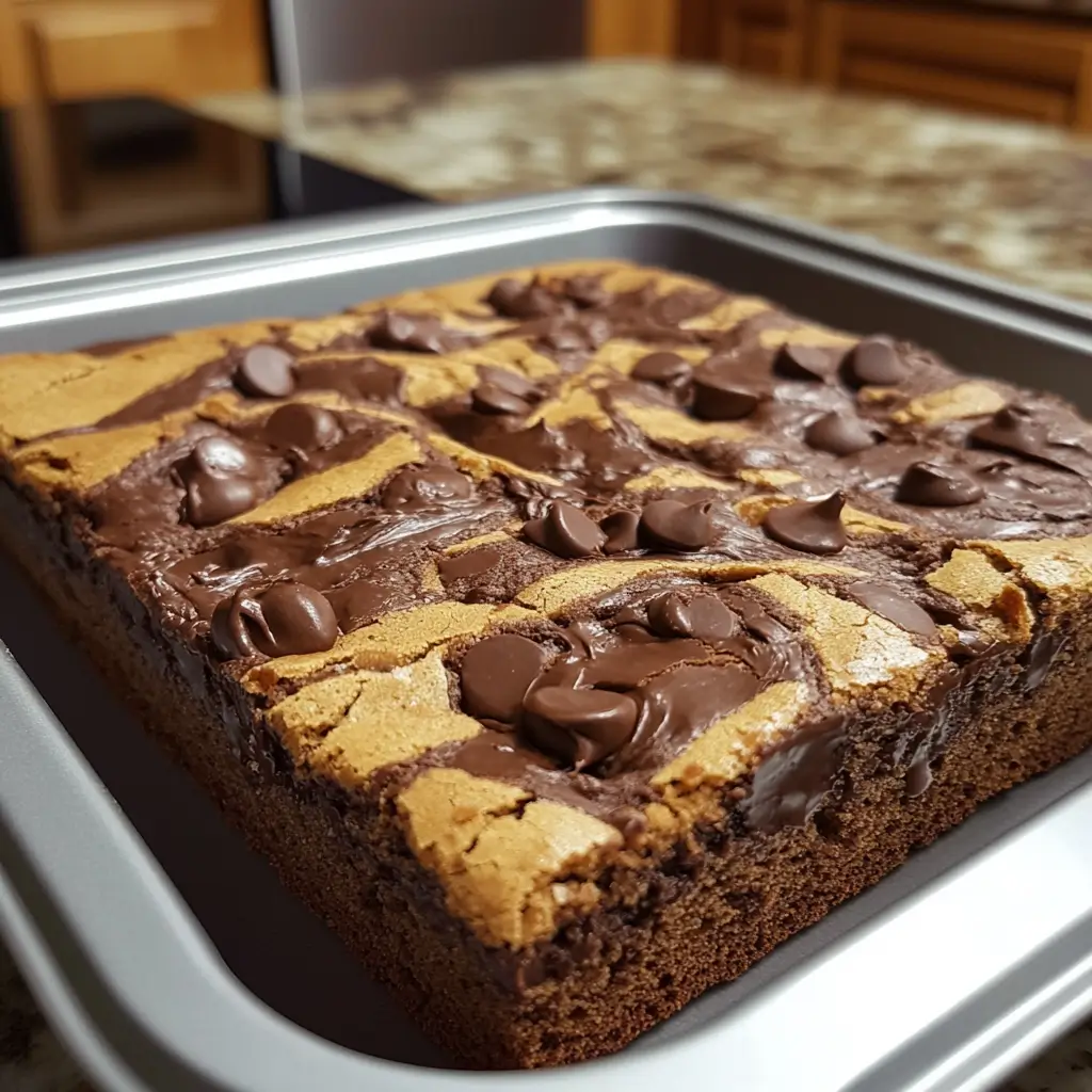 A layered brookie featuring a fudgy brownie base and a chocolate chip cookie topping, freshly cut into squares.