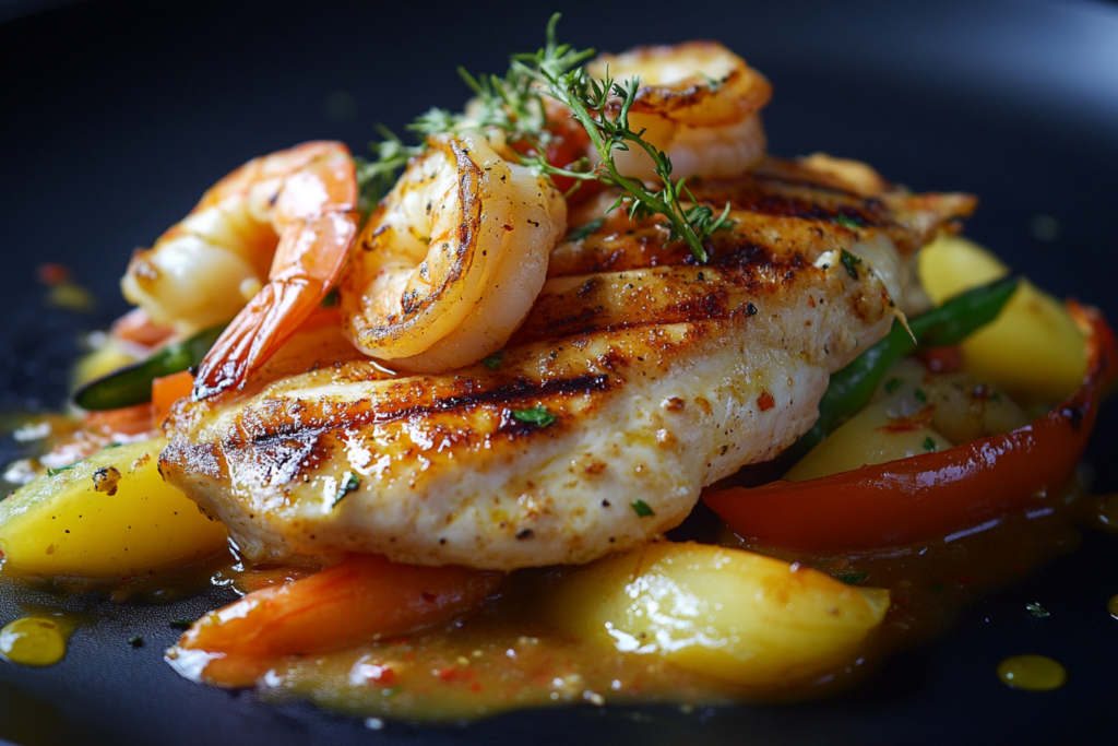 A stir-fry dish combining shrimp and chicken with colorful vegetables in a light soy sauce, served in a white bowl.