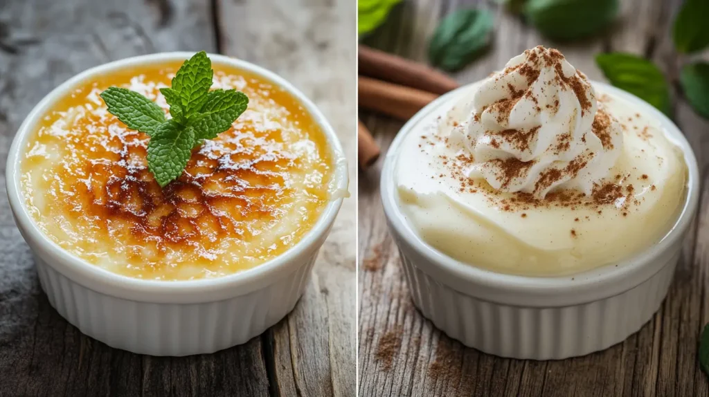 Crème Brûlée vs. Custard - side-by-side desserts with a caramelized crust and whipped cream