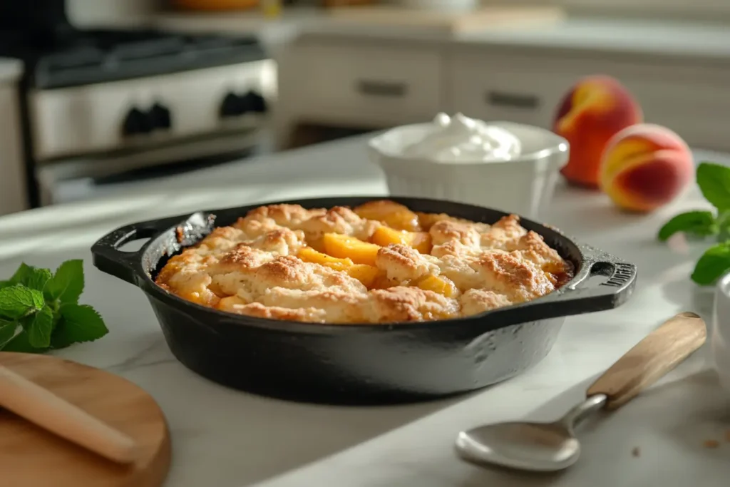 A zoomed-in shot of a peach cobbler in a cast-iron skillet, set in a pristine, modern kitchen. The golden biscuit topping glistens under natural light, surrounded by neatly arranged kitchen tools on a spotless white marble countertop