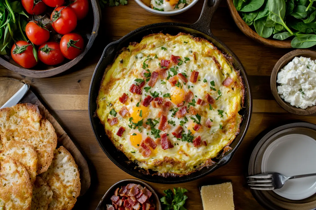 Slice of baked egg casserole with sausage and veggies on a white plate