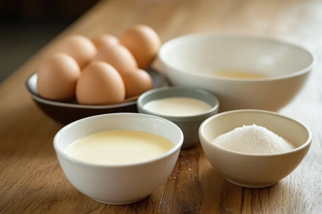 Small bowls containing eggs, sugar, milk, and cream arranged neatly on a clean wooden countertop, showcasing the essential ingredients for making crème brûlée and custard.