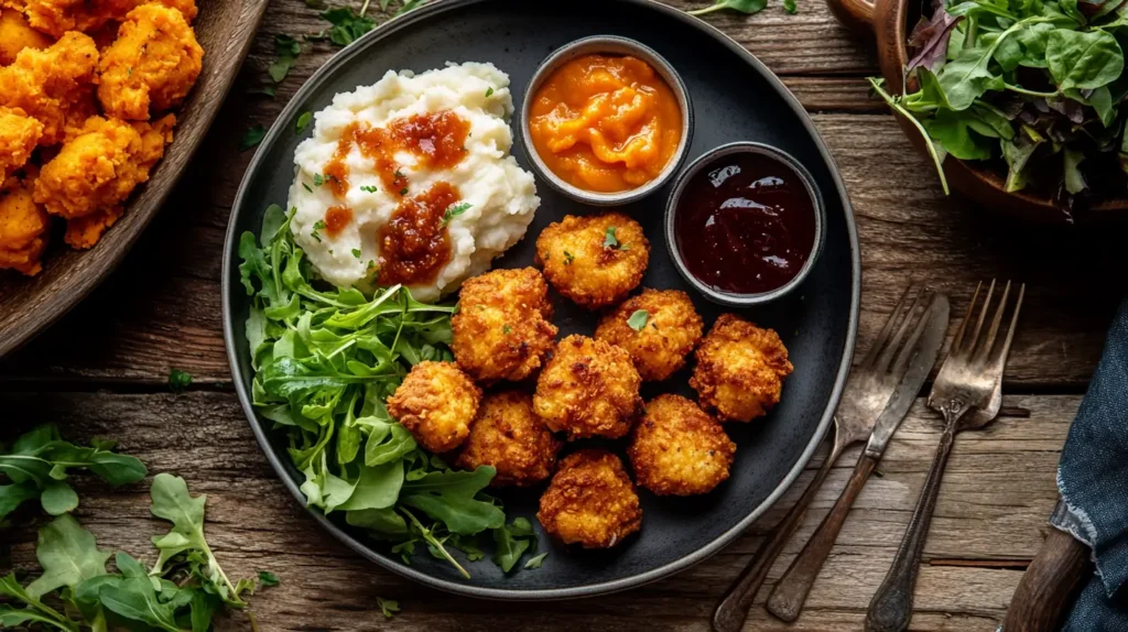 Air fryer chicken bites served with dips, mashed sweet potatoes, and salad.