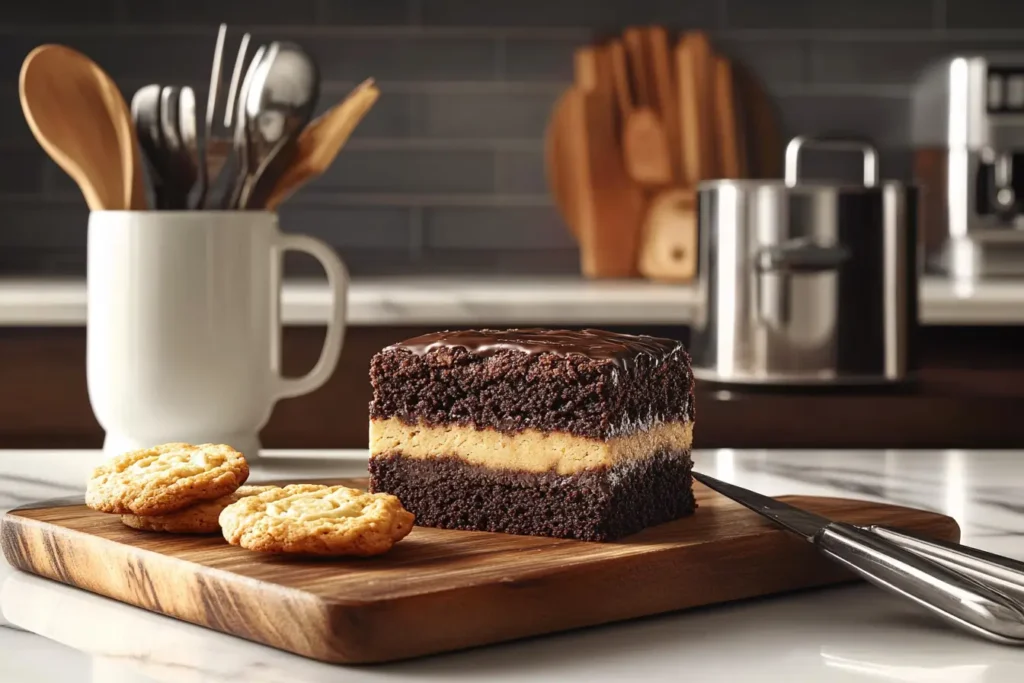A freshly baked brookie showing distinct layers of fudgy brownie and chewy cookie dough, served on a wooden board.