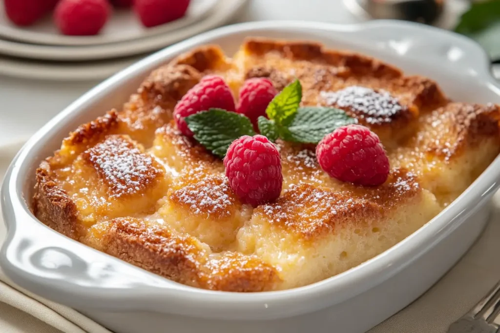 A golden brioche French toast casserole topped with fresh berries and powdered sugar in a white ceramic dish